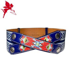 VINTAGE V ENTERPRISES Southwestern Double Buckle Leather and Seed Bead Belt